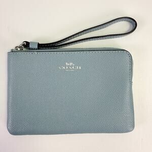 Coach Corner Zip‎ Wristlet Slate Blue Crossgrain Leather Wallet Bag